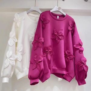 Suéteres femininos outono 2023 nova grande flor suéter coreano exclusivo frisado solto relaxado suéter espaço algodão estética moletom com capuz 231121