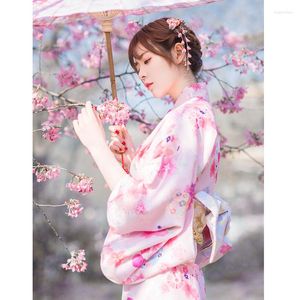 Abbigliamento etnico Kimono tradizionale giapponese da donna Colore rosa Stampe floreali Costume formale Yukata Pography Abito lungo Cosplay