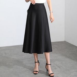 Юбки женщины ацетатная атласная юбка с высокой талией лето сексуальное сплошное цвет зрелой средней длины линия
