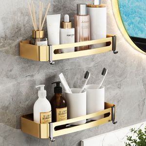 Bathroom Shelves Bathroom Shelf Wall Mounted Bathroom Storage Holder Corner Shelf Brushed Gold Black Aluminum Bath Shower Shelf 230421