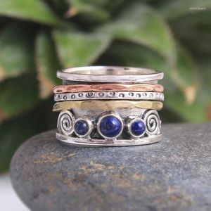 Cluster Rings Lapis Lazuli Ring Three Tone Meditation Boho Angst Spinning Band Silver Color Jewelry