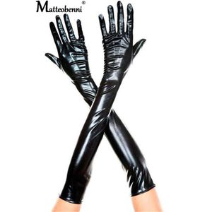 Sexy Black Wetlook Elastic Long PU Women Punk Fetish Faux Leather Gloves Hot Erotic Club Catsuit Cosplay Lingerie Costume