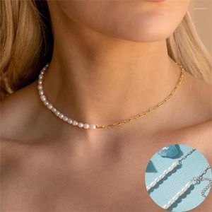 Kedjor 925 Sterling Silver Pearl Geometric Necklace for Women Girl Fine Chain Splicing Design Smyckesfödelsedagspresent