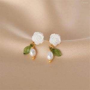 Dangle Earrings Unique Pearl Women Drop Green Leaves Charm Jewelry Shell Flower Silver Needle Studs Romantic Exquisite Versatile Gift