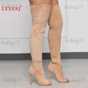 Buty 2023 Wysokie obcasy nad kolanami damskie buty moda Peep stóp bok zip elastyczne buty morel brązowe duże rozmiary buty damskie T231121