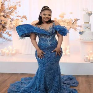 2023 ASO EBI Navy Blue Mermaid Prom Dress Pissinerade spetsar Tassels Formell Party Evening Evening Second Reception Birthday Engagement Brudtärna klänningar Klänningar ZJ017