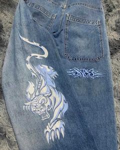 Jeans da uomo Jeans da donna JNCO Jeans Y2K Harajuku Hip Hop Tiger Graphic Goth Retro Blue Baggy Jeans Denim Pantaloni Uomo Donna Gothic Vita alta Pantaloni larghi T231121