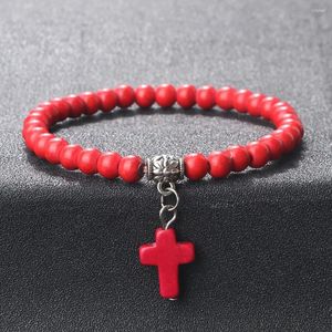 Strand Boho Turkusowa bransoletka dla kobiet Men Naturalny Kamień Jezus Cross Bracelets Meditation Modlitwa joga biżuteria elastyczna bransolet