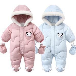 Jacken Winter geboren Baby Strampler Warm Panda Junge Overall mit Handschuhen Baumwolle Plus Samt Säuglingskleidung Mit Kapuze Mädchen Kleidung 0 18M 231121