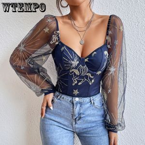 Womens TShirt Long Mesh Sleeve Corsetto Top Scollo a V Patchwork Streetwear Uscire Party Sexy Bustier Spliced Design Top corto 230420