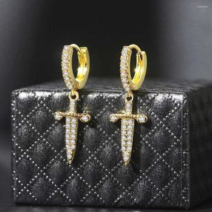 Dangle Earrings Hip Hop Punk Sword Cross For Women Iced Out Zircon Men Gold Color Ear Accessories Jewelry OHE024