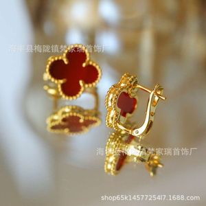 Desginer Clover Fanjia High Edition Four Leaf Grass Ear Clam S925 Sterling Silver Needle Female White Fritillaria Red Black Agate med Diamond Malachite Earrings