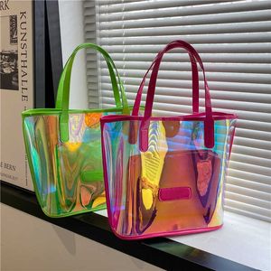 Evening Bags Transparent Shoulder Bags Large Capacity Laser Clear SonMother Travel Tote 2pcsset Casual PVC Women Jelly Handbag J230420