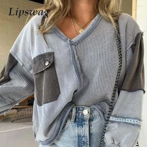 Hoodies femininos harajuku mulheres emenda pulôver moda v pescoço manga longa solta moletom 2023 casual senhoras bolso grânulo all-match denim