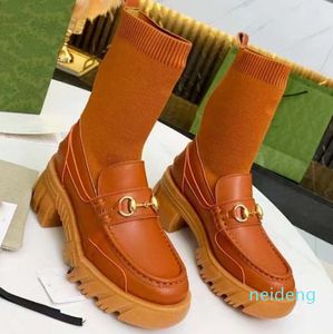 Högkvalitativa kvinnors stövlar äkta läder tjock botten stickad stretch riddare boot modeplattform skor storlek med låda