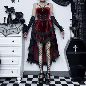 Casual Dresses Goth Dark Gorgeous Lolita Gothic Cosplay Velvet Elegant Grunge Bandage Evening Dress Ladies Vintage Lace Trim Partywear