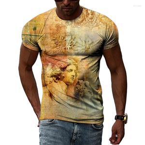 Camisetas masculinas Tribunal européia Pintura de arte de verão Moda 3D Harajuku impresso masculino e feminino sabor casual de manga curta pescoço redondo