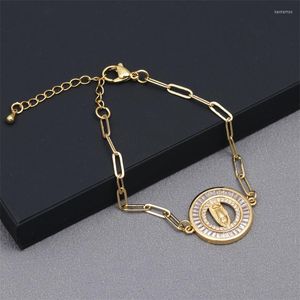 Strand Round Shape Maria Pattern Beaded And Chain Bracelet For Women Zircon Gold Plated Adjustable Drawstring Brass Copper Jewelry