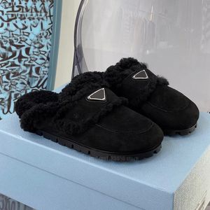 Luxury women suede lamb fur flat bottom shoe monolith triangle logo designer slippers warm leather closed toes shoes