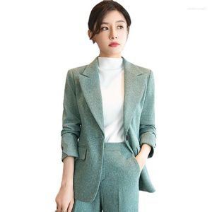 Women's Two Piece Pants Autumn Winter Ladies Blazer And Pant Suit Formal Gray Green Coffee Women Female Business Work Wear Jacket Trouser 2