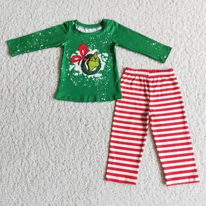 Set di abbigliamento Completo da ragazzo di Natale dei cartoni animati T-shirt verde sbiancata da bambino Pantaloni a righe Set invernale per bambini