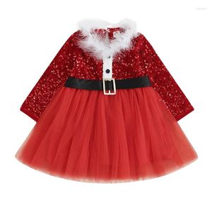 Girl Dresses Pudcoco Toddler Kids Baby Christmas Costume Dress Sequin Tulle Patchwork Long Sleeve A-Line With Belt 6M-5T
