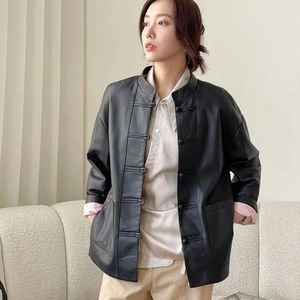 Frauen Leder Frühling Und Herbst Mode Stil Chinesischen Stehkragen Schaffell Mantel Für Frauen Damen Jacken