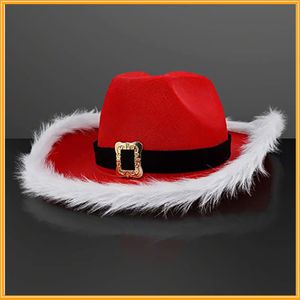 Cappello da cowboy con piume per festa di Natale Bordo in pelliccia artificiale Cappello da Babbo Natale rosso non luminoso Cappello da carnevale occidentale