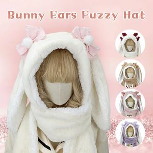 Scarves Japanese Lolita Bunny Ears Cute Plush Hat Scarf Gloves Cycling Cap Kawaii Winter Warm Soft Thickening Pocket Hats Hooded 231121