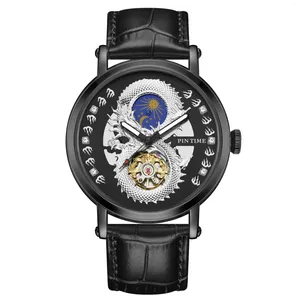 Наручные часы PINTIME Роскошные мужские часы с кожаным ремешком Автоматические механические наручные часы с тиснением дракона на циферблате Деловая повседневная одежда Reloj Hombre