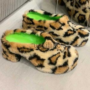 Slippers Dress Shoes Womens Round Toe Leopard Mules Furry Fur Mixed Colors Slippers Winter Platform Pumps Wedge High Heel Slip on Shoes J231121