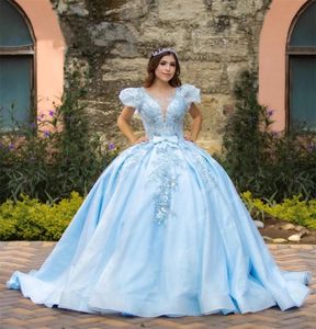 Princess Sky Blue O Neck Quinceanera Dresses Appliques Birthday Party Gowns Bow Prom Dresses Vestido De 15 Anos Robe Ball Gown