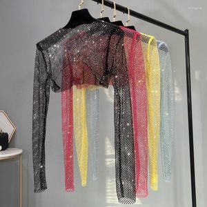 Women's T Shirts Sparkly Crystal T-shirts Women O-Neck Hollow Out Sexy See Through Tank Tops Night Partywear Crop Tee Y2K 2023