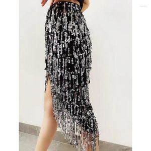 Stage Wear Mulheres Lantejoulas Tassel Saias Rave Fringe Hip Scarf para Festival Performance Show Traje Glitter Sparkly Envoltório Cinto Outfit