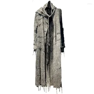 Men's Trench Coats Pure Cotton Tie Dyed Distressed Windbreaker Coat Vintage Gothic Style Bottom Cut Hooded Long T-shirt For Men