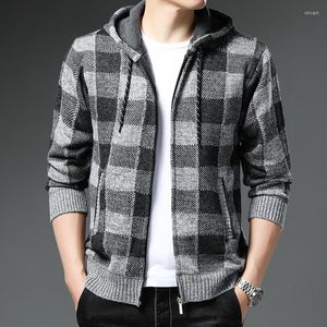 Herrtröjor Plaid Huva Tröja Herrens höst/vinter Lös trendrock med kashmir och tjock stickad Cardigan Fashion Brand Wear