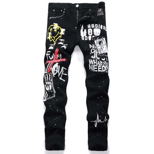 Męskie dżinsy męskie punkowe nikt czarny stretch dżins dżinsowe litery streetwearu Wzór Painted Print Pants Patch Slim Store Spoders J230420