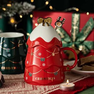 Mugs 500ml Christmas Ceramic Mug Milk Coffee Mug With Stirring Stick Breakfast Oatmeal Cup With Lid Office Water Cup Holiday Gift 231120
