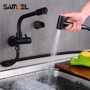 Kitchen Faucets Brass Wall Mounted Cold Water Mablack Sink Faucet With Spray Gun Mop Pool Taps B3305