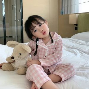Pyjamas Süßes Kindermädchen-Pyjama-Set mit Umlegekragen, rosa kariert, Vintage-Pyjama-Set für Kleinkinder, Schlaf-Loungewear, Kinderkleidung 231121