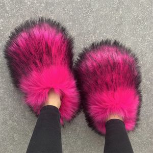 Slippers Luxury Fur Slippers Women Open Toe Raccoon Fur Slides Woman Shoes Women Flat Half Slippers Woo Spikes 231120