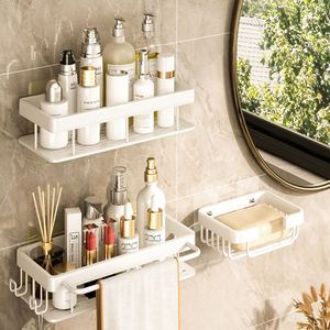 Bathroom Shelves White Bathroom Shelf Space Aluminum Shower Corner Shelf With Hook Toilet Towel Rack Storage Organizer Bathroom Accessories Set 230421