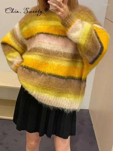 Kobiety swetry kobiety w paski Mohair Sweter pullover luźna moda o nokrecie kontrastujące kolory jesienne zimowe bluzki z długim rękawem