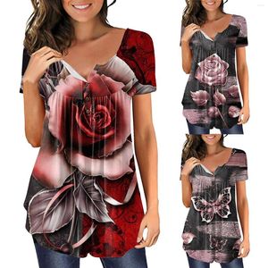 Magliette da donna T-shirt asciutte Top con stampa floreale da donna Nascondi tunica per la pancia Camicette lunghe slim a maniche corte di marca