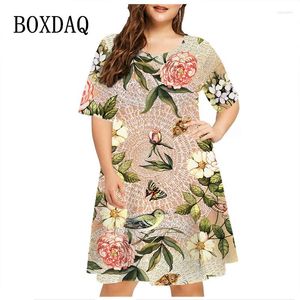 Plusstorlek klänningar 6xl sundress växtblommor 3d tryck lös klänning kvinnor kort ärm sommaren casual a-line damparty vestidos