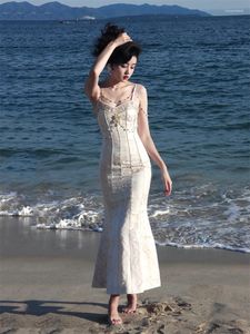 Casual Dresses Water Drop Beads Party Dress 2023 Spring Summer Vintage Slim Beach Holiday Sling Fishtail ärmlös Vestidos Feminina
