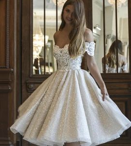 Summer Short Glitter Wedding Dress 2024 TEA-LÄNGD OFF AUDLE ELEGANT Women Bridel Party Gowns Lace Applique Shiny Princess Vestidos de Novia