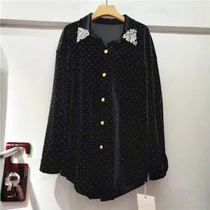 Women's Blouses Black Long-Sleeved Velvet Shirt For Women 2023 Design Sense Rhinestone Turn Collar Top Loose Winter Shirts And