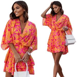 Vestidos casuais básicos femininos sexy decote em v manga morcego mini vestido boho floral impressão cintura alta elegante feminino plissado vestidos de festa de escritório robe