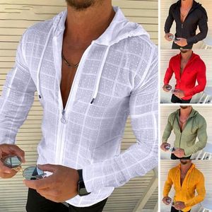 メンズTシャツ夏の薄い綿の長袖ジッパーTシャツメンズ衣類ソリッドカラーカジュアル格子縞のプリントクールハワイアンTシャツ230420